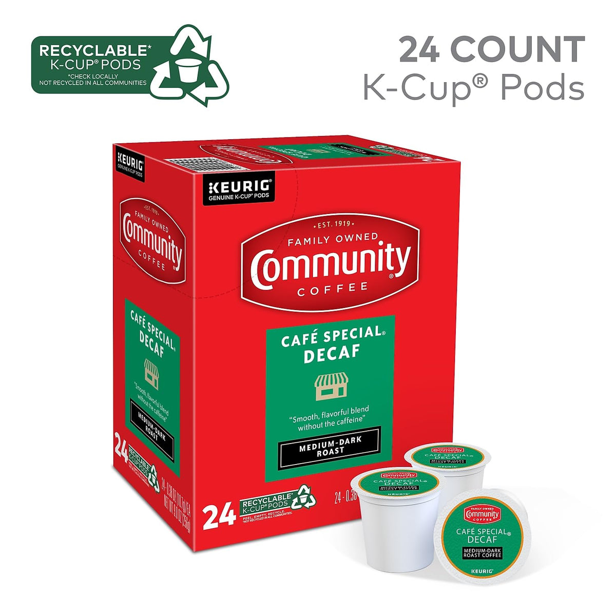 Community Coffee Cafe Special Decaf pod side view highlights compact packaging for quick mornings.
