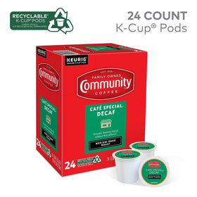 Community Coffee Cafe Special Decaf pod side view highlights compact packaging for quick mornings.