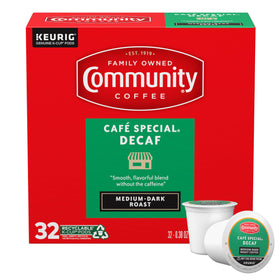 Community Coffee Café Special Decaf pods stacked for quick, smooth mornings.