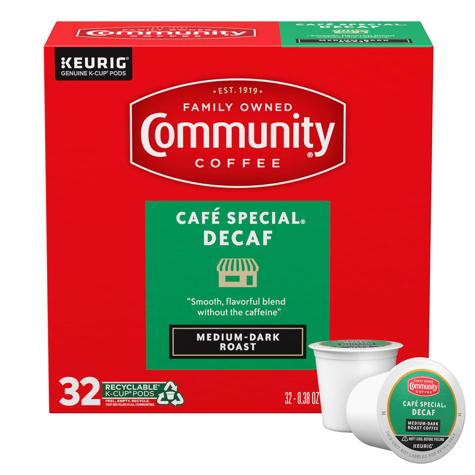 Community Coffee Café Special Decaf pods stacked for quick, smooth mornings.