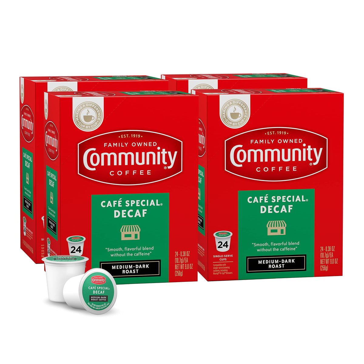 Community Coffee Cafe Special Decaf pods on shelf for easy brewing.