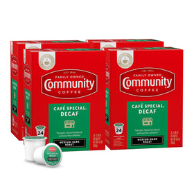 Community Coffee Cafe Special Decaf pods on shelf for easy brewing.