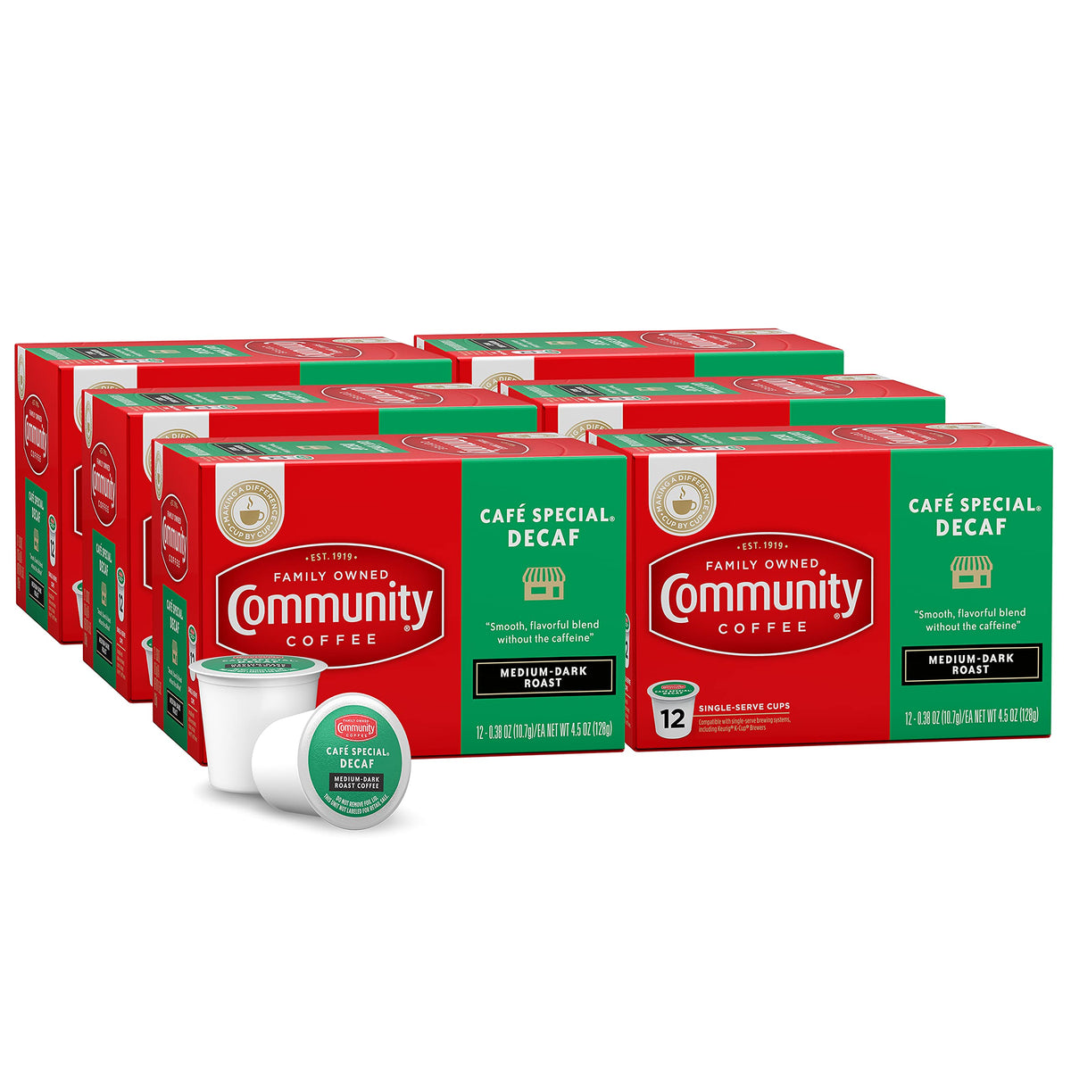 Community Coffee Cafe Special Decaf pods ready for quick, caffeine-free mornings.