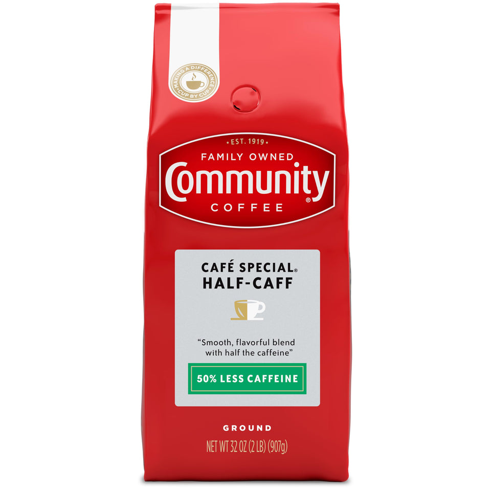 Community Coffee Cafe Special Half-Caff bag showcasing premium Arabica beans and balanced flavor.