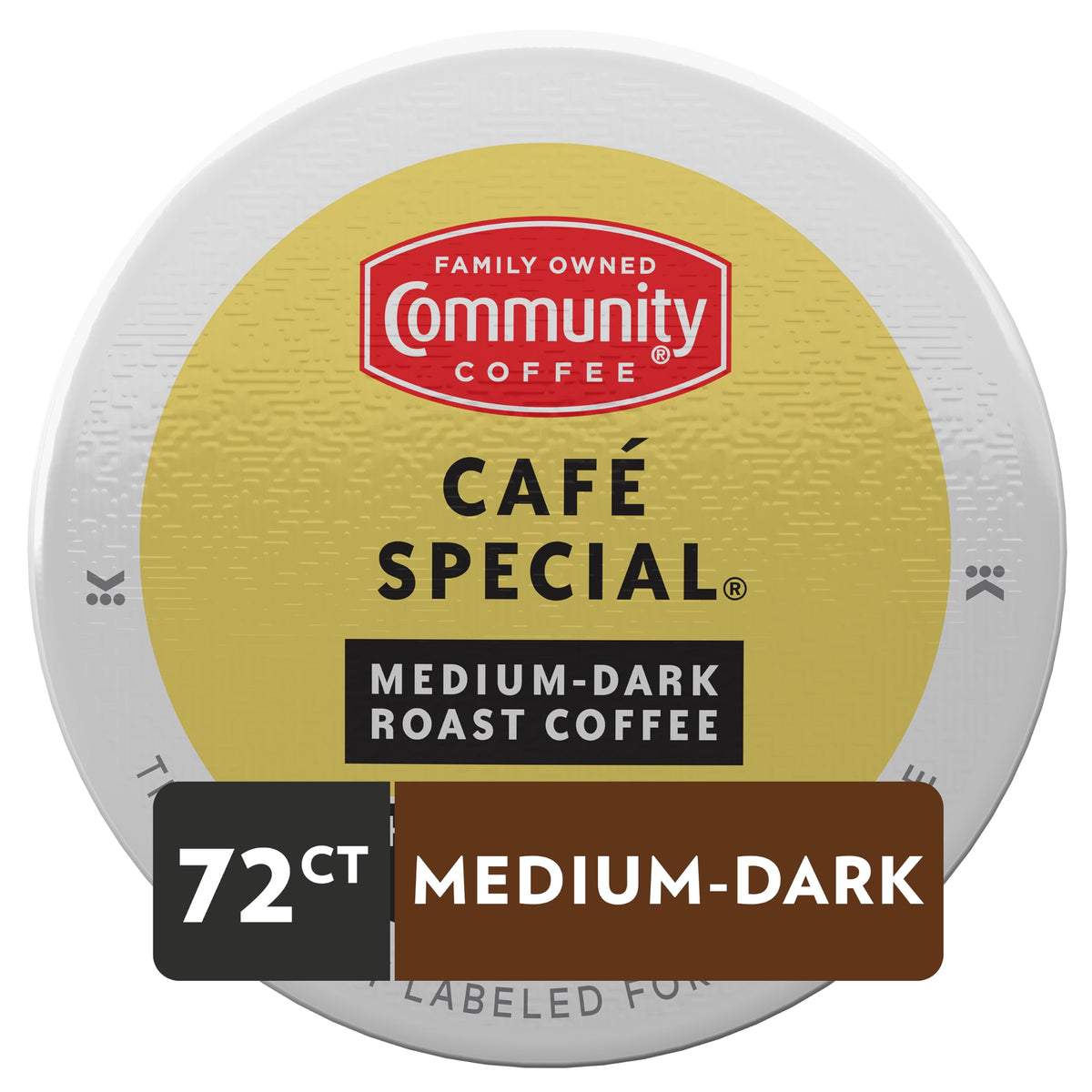 Community Coffee Café Special medium-dark pod close-up showing roast level