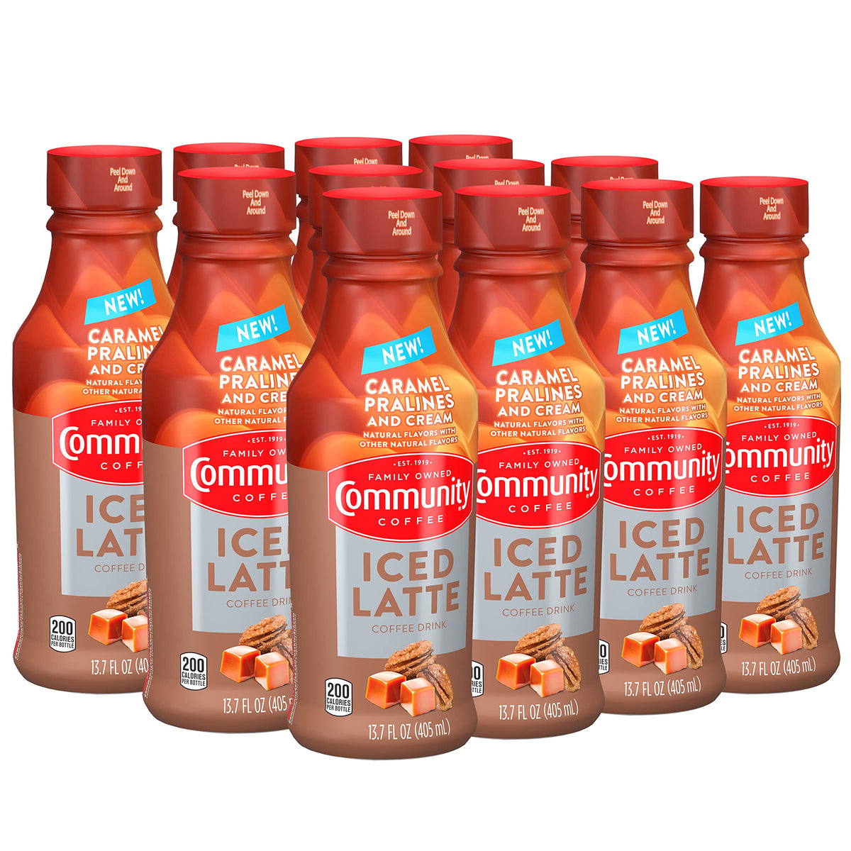 Community Coffee Caramel Pralines and Cream iced latte bottle for on-the-go refreshment.