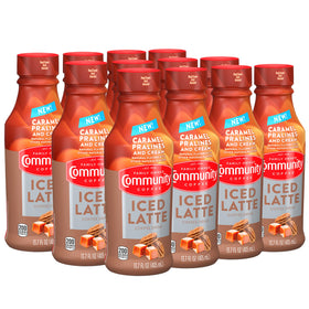 Community Coffee Caramel Pralines and Cream iced latte bottle for on-the-go refreshment.