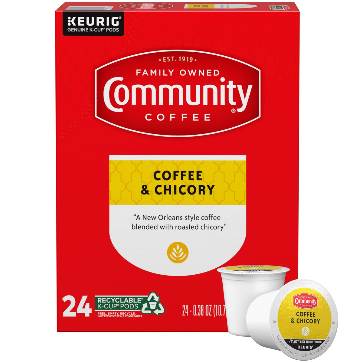 Community Coffee & Chicory 24-count pack front for easy at-home brewing.