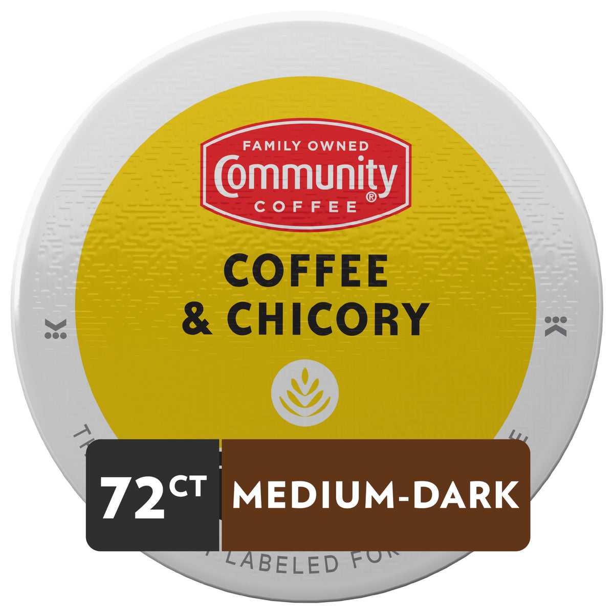 Close-up of a Community Coffee & Chicory pod showing the design.