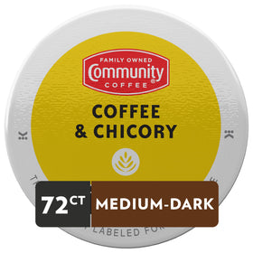 Close-up of a Community Coffee & Chicory pod showing the design.