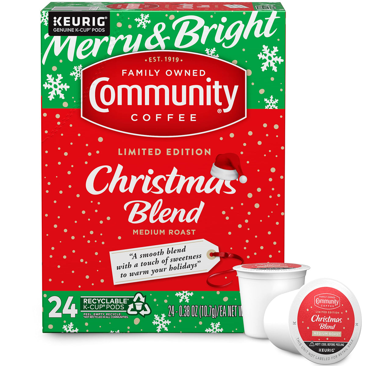 Community Coffee Christmas Blend pod ready for Keurig brewing and cozy mornings.