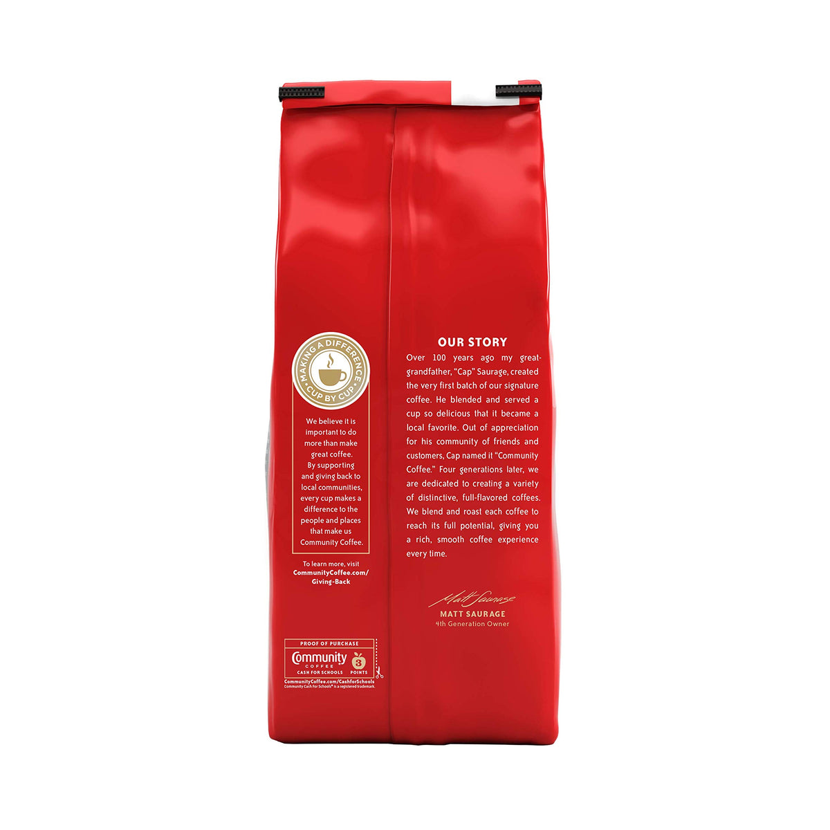 Community Coffee Coffee and Chicory bag back shows blend details and serving suggestions.