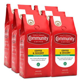 Community Coffee Coffee and Chicory Decaf ground pack front view for convenient caffeine free mornings