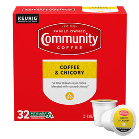 Community Coffee Coffee and Chicory box 32ct showcases bold flavor for mornings.
