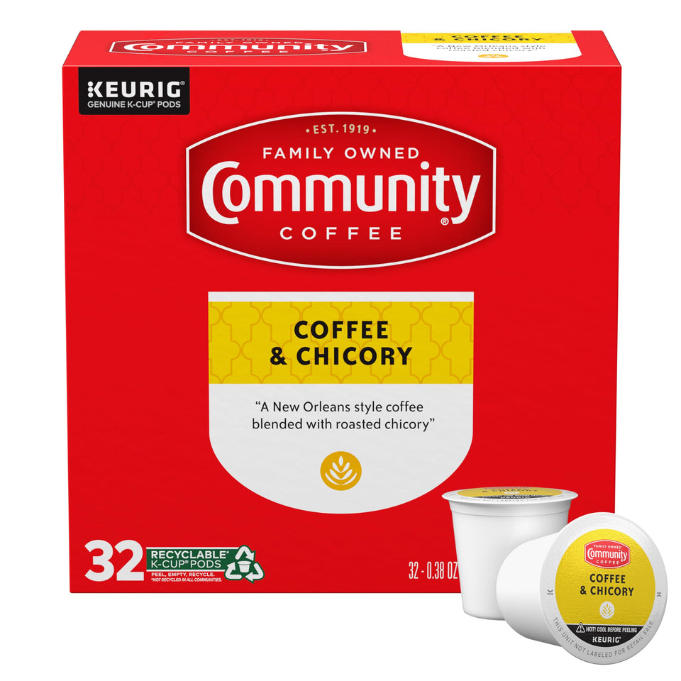 Community Coffee Coffee and Chicory box 32ct showcases bold flavor for mornings.