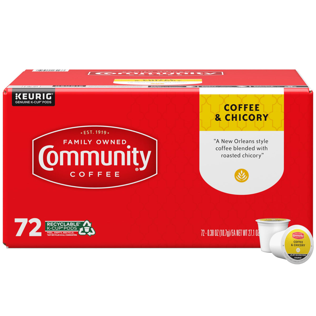 Community Coffee coffee-chicory pods front view for quick, flavorful mornings.