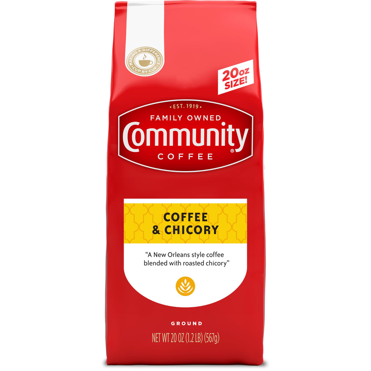 Community Coffee Coffee and Chicory bag showcasing premium ground blend for versatile brewing.