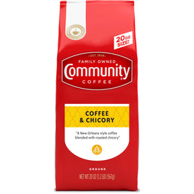 Community Coffee Coffee and Chicory bag showcasing premium ground blend for versatile brewing.