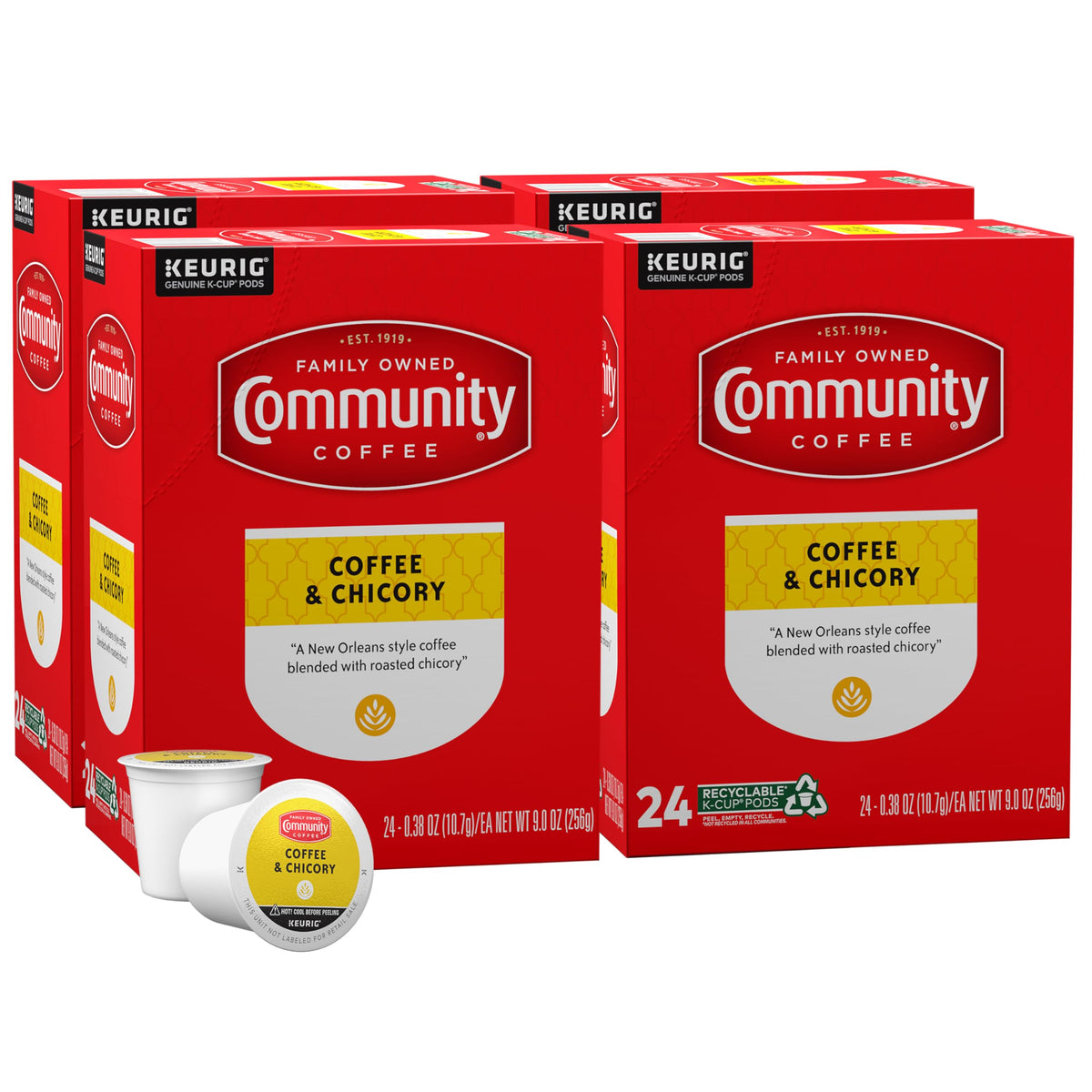Community Coffee coffee-chicory pods in a 4-pack, ideal for quick mornings