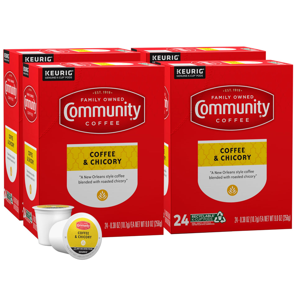 Community Coffee coffee-chicory pods in a 4-pack, ideal for quick mornings