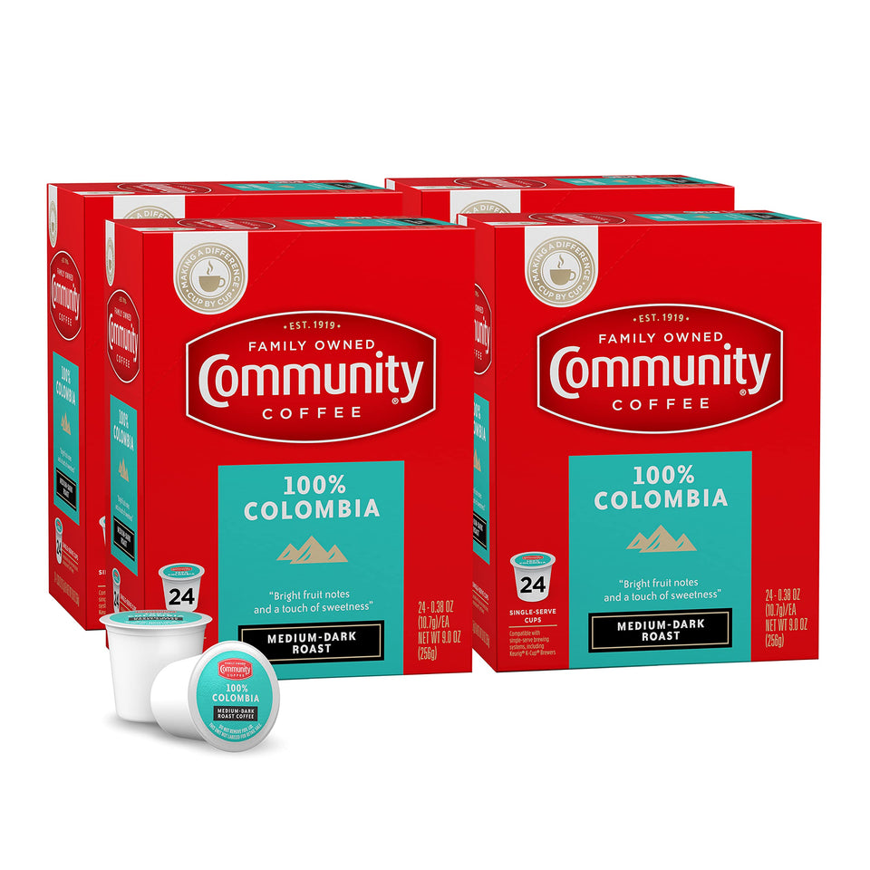 Community Coffee Colombia 96-count pack front view for quick mornings.