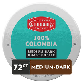 Community Coffee Colombia pods back view with label details and sustainable sourcing icons