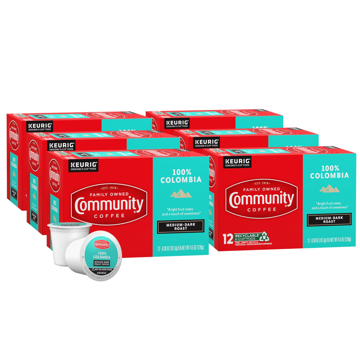 Community Coffee Colombia pods front view showing Keurig-compatible packaging for easy mornings