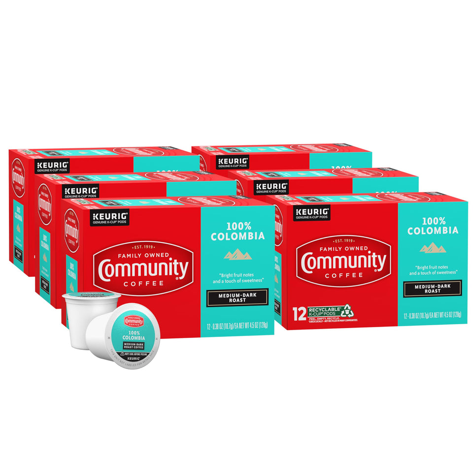 Community Coffee Colombia pods front view showing Keurig-compatible packaging for easy mornings