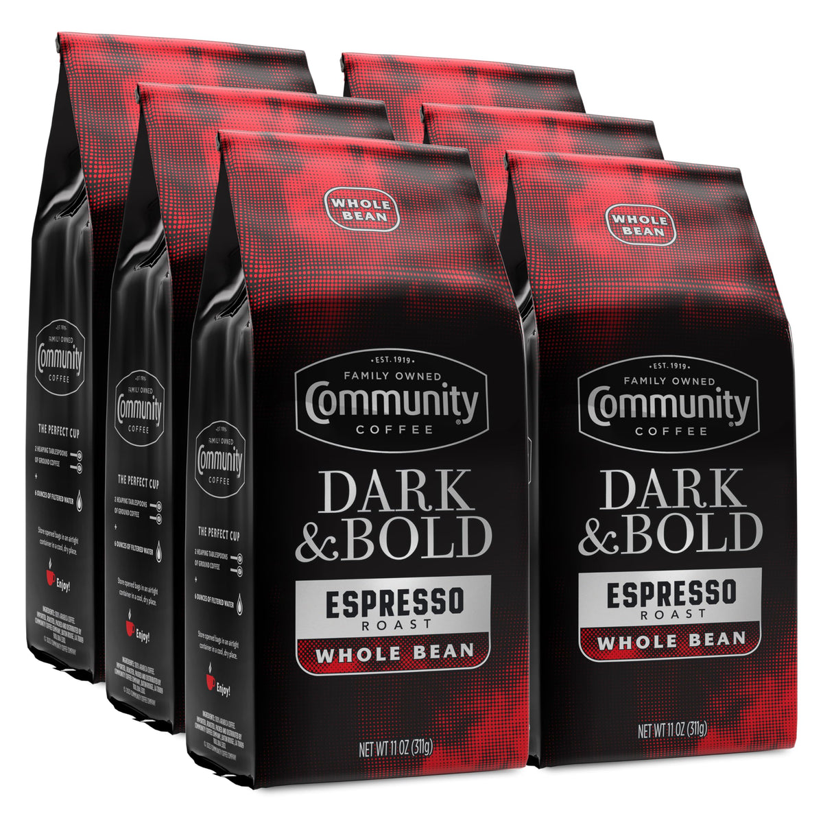 Community Coffee Dark & Bold Espresso Roast bag front, bold aroma promised.