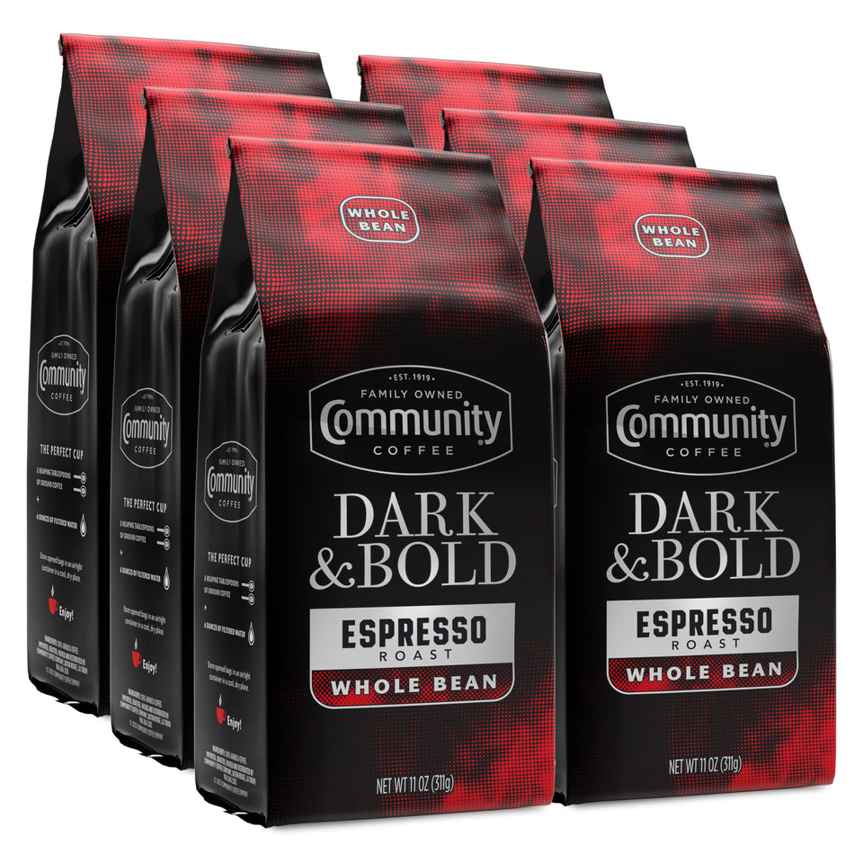 Community Coffee Dark & Bold Espresso Roast bag front, bold aroma promised.