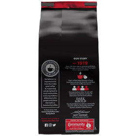 Close-up of Community Coffee Dark & Bold Espresso beans showing rich color.