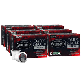 Community Coffee Dark & Bold Espresso Pods front view highlighting bold aroma for quick, flavorful mornings.