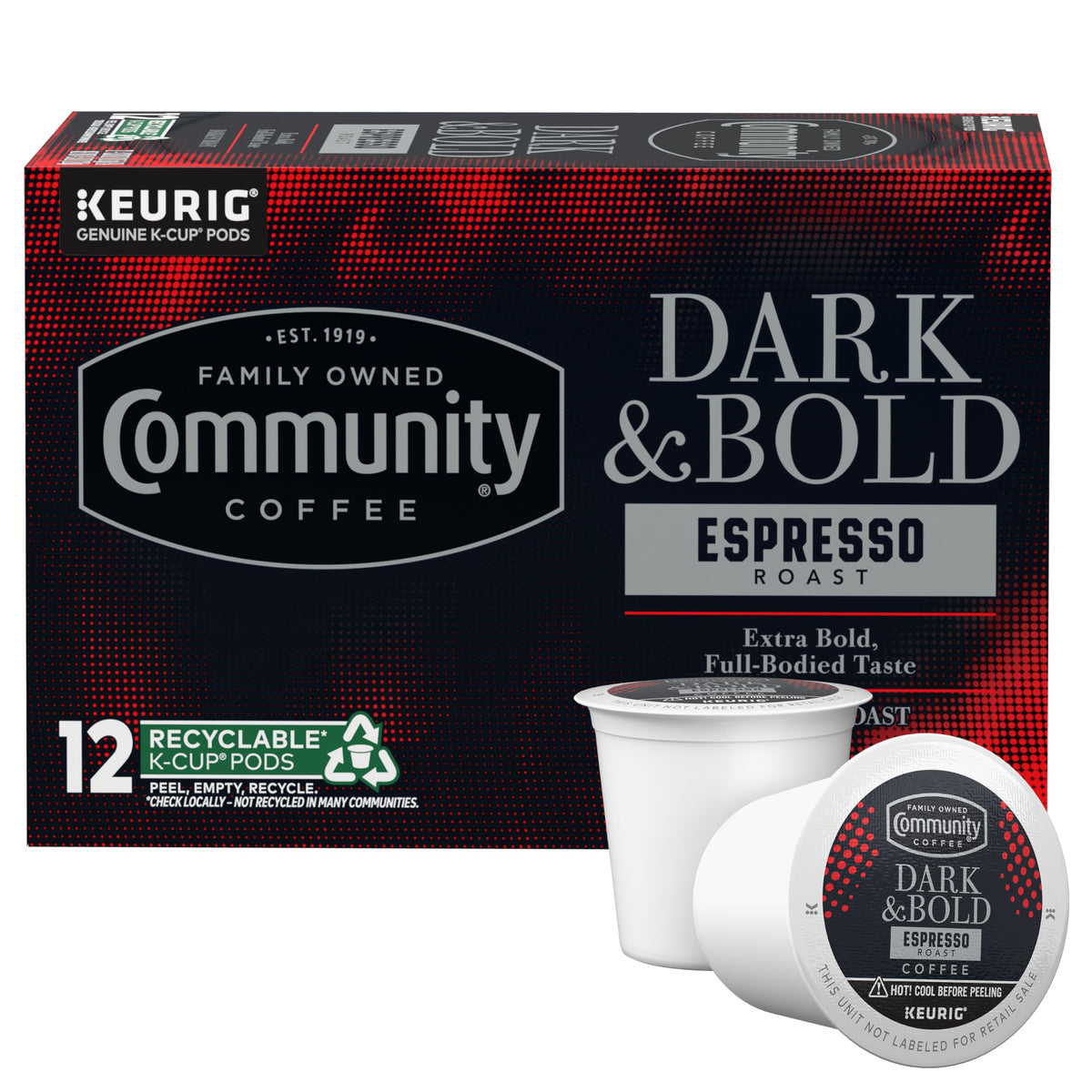 Community Coffee Dark and Bold Espresso Roast pod for quick single-serve brewing.