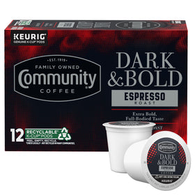 Community Coffee Dark and Bold Espresso Roast pod for quick single-serve brewing.