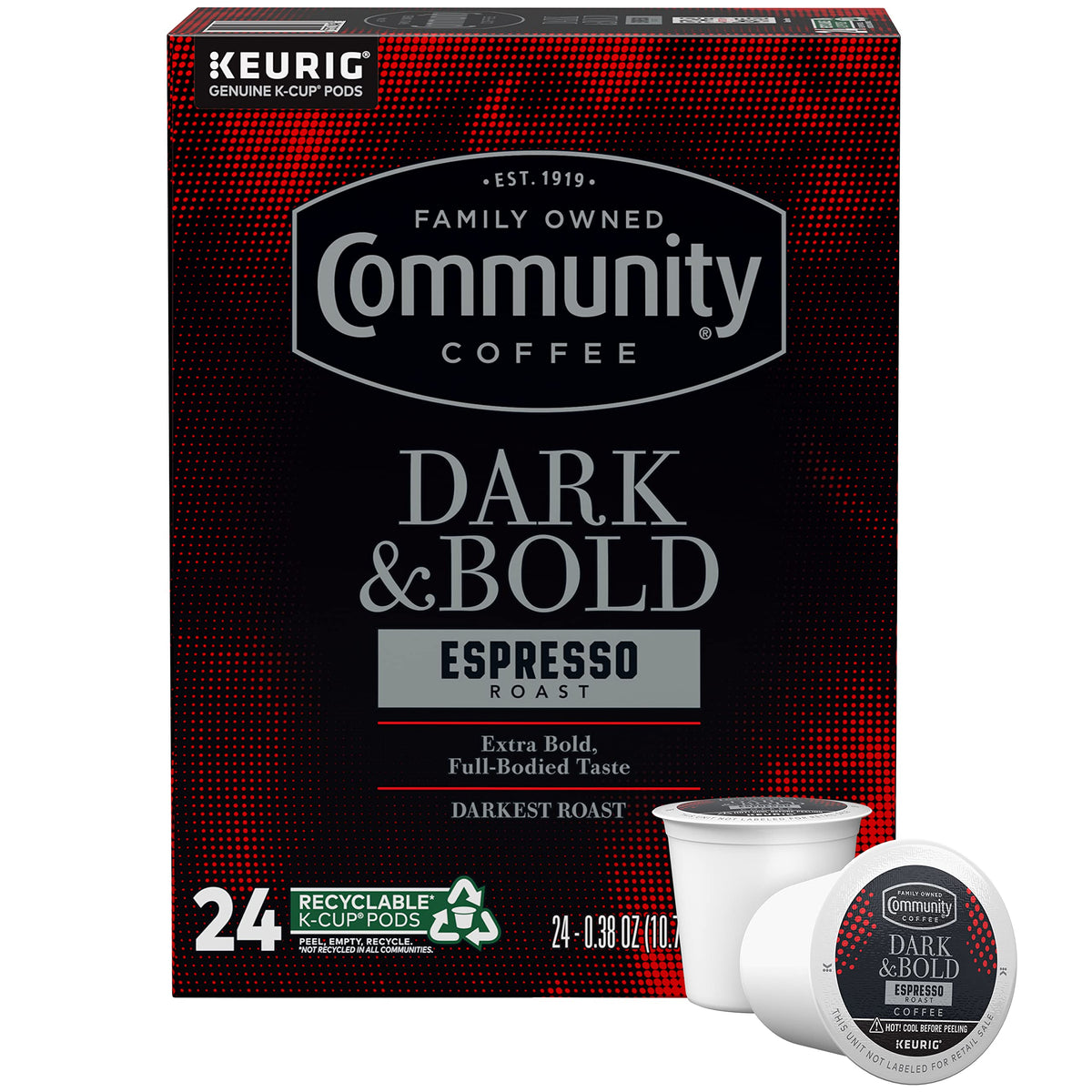 Community Coffee Dark & Bold Espresso Roast pods ready for quick mornings.