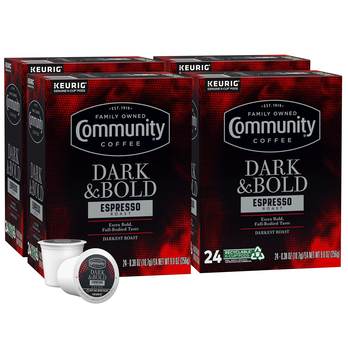 Community Coffee dark bold espresso pods ready for a rich morning cup.