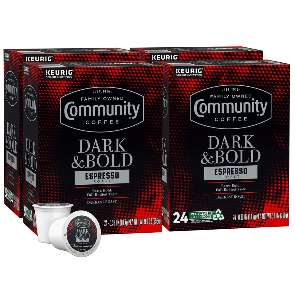 Community Coffee dark bold espresso pods ready for a rich morning cup.