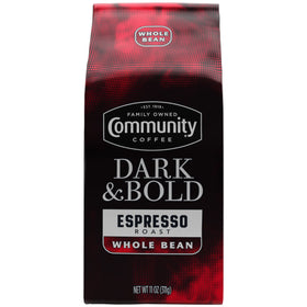 Steam rising from a cup of Community Coffee Dark & Bold Espresso Roast.