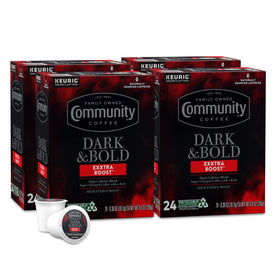 Community Coffee Dark & Bold Exxtra Boost K-Cup pods for quick, bold morning brews.