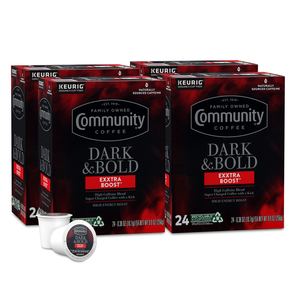 Community Coffee Dark & Bold Exxtra Boost K-Cup pods for quick, bold morning brews.