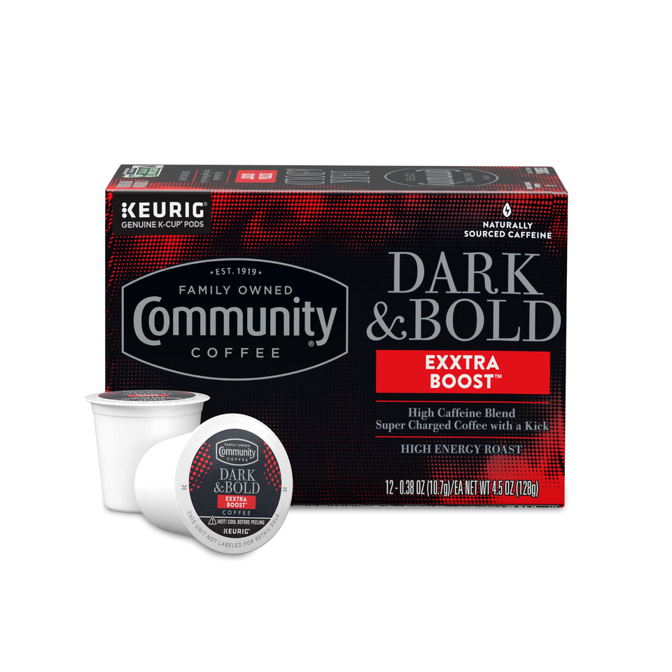 Community Coffee Dark & Bold Exxtra Boost pods in a box for quick, energizing mornings.