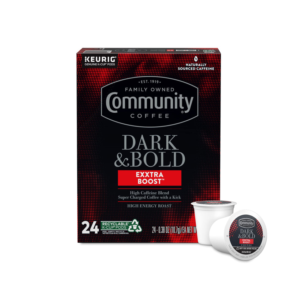 Community Coffee Dark & Bold Exxtra Boost pods in box for quick brewing