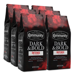 Community Coffee Dark & Bold Intense Blend 72oz pack, rich aroma for morning coffees.