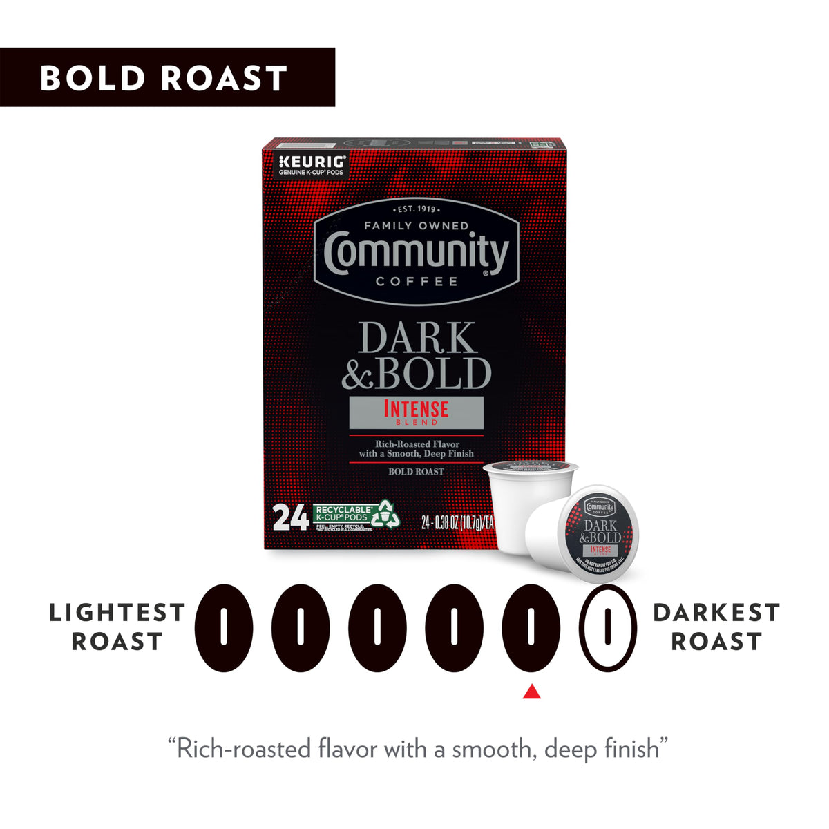 Community Coffee cup with steam signaling a satisfying single-serve serving