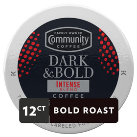 Community Coffee Dark & Bold Intense Blend K-Cup closeup for quick single-serve brews