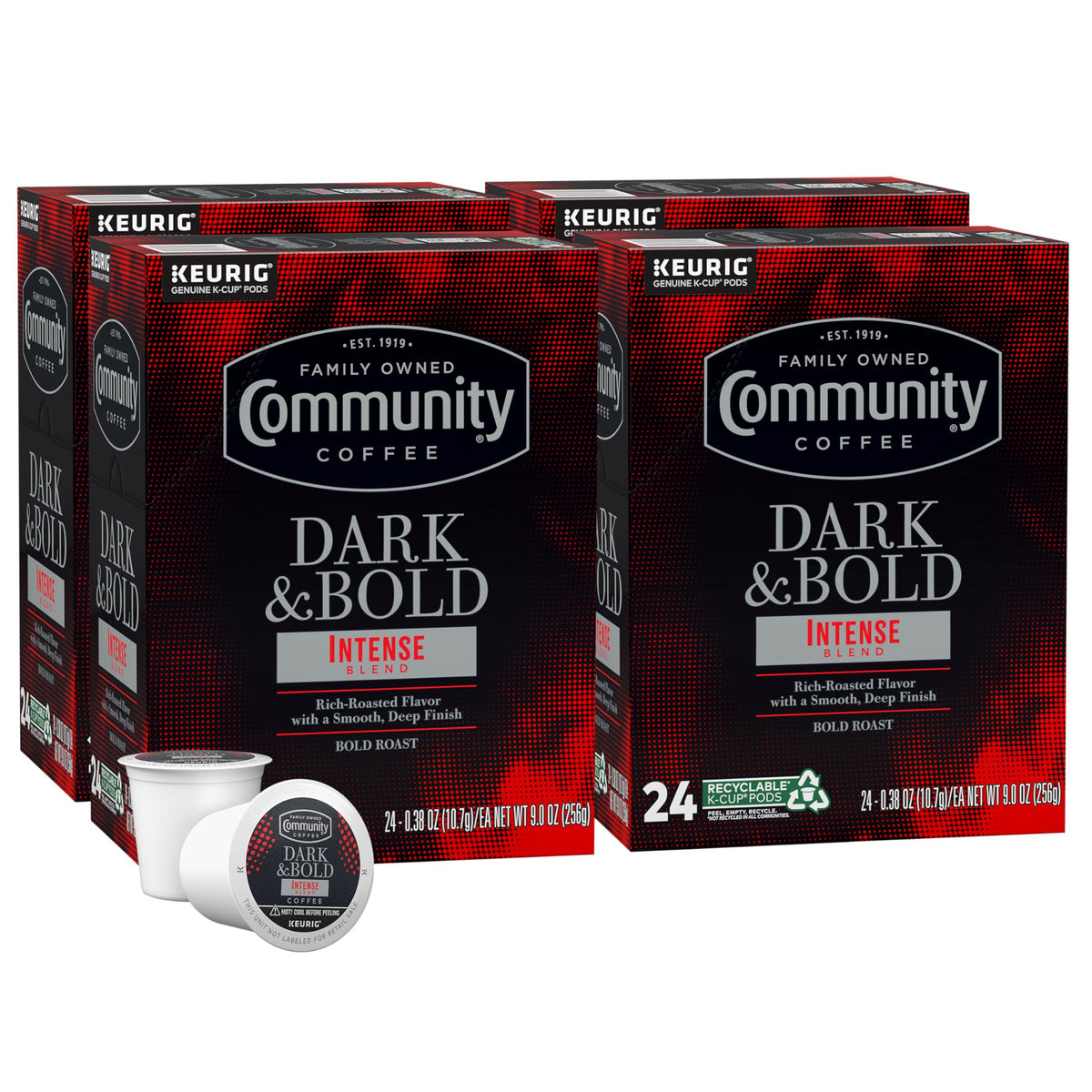 Community Coffee Dark & Bold Intense Blend pack front showing 96 cups.
