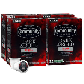 Community Coffee Dark & Bold Intense Blend pack front showing 96 cups.