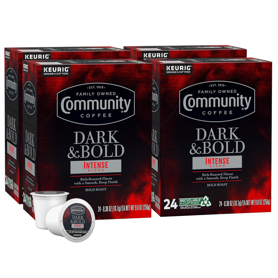 Community Coffee Dark & Bold Intense Blend pack front showing 96 cups.