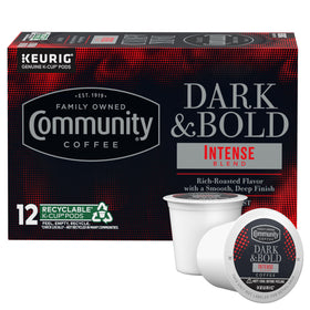 Community Coffee Dark & Bold Intense Blend packfront highlights a rich aroma for a bold morning