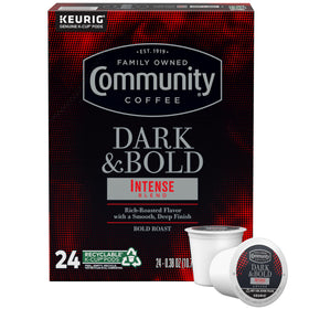 Community Coffee Dark & Bold Intense Blend pods ready for daily brew.